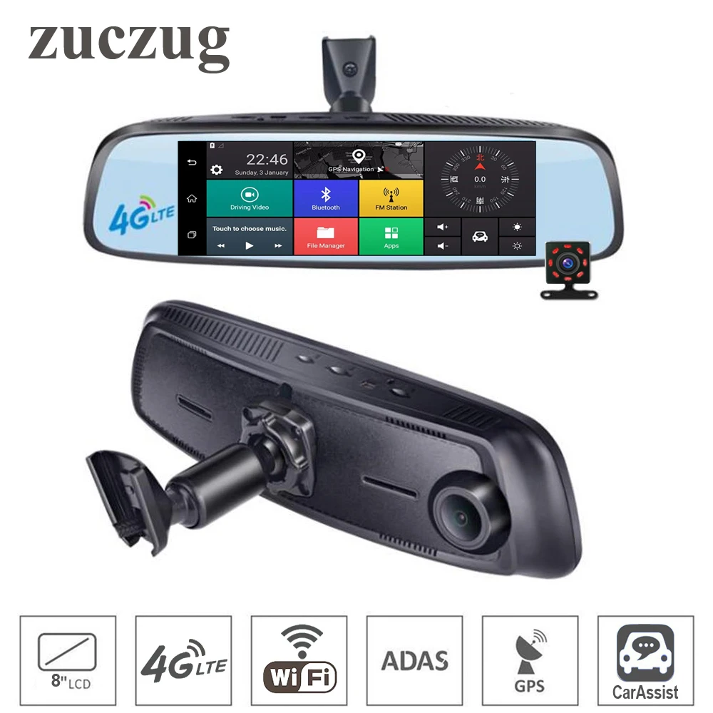 8 inch 4G Touch IPS Car DVR Camera Backup Mirror GPS Bluetooth WIFI Android 5.1 Dual Lens FHD 1080p Video Recorder Dash Cameras