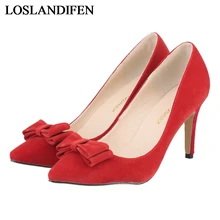 Woman Suede Flock Pumps High Heels OL Sexy Red Wedding Shoes Women Pointed Toe Thin Heel Ladies Shoes With Bow NLK-B0045 ladies suede size 33 4 34 2017 gray medium wine red slip on cute pumps thin high heels bow pointed toe kitten china new chinese