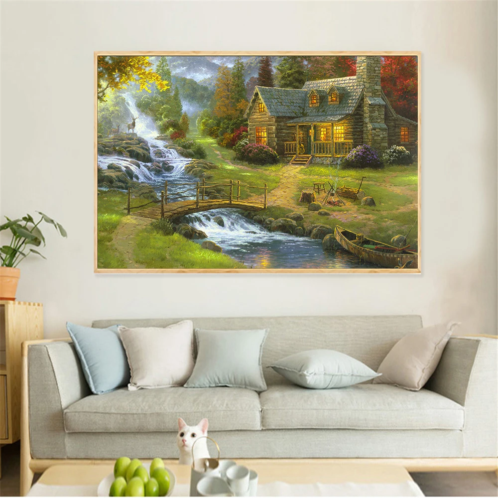 

Abstract Oil Painting Thomas Kinkade Bridge Posters and Prints Cathedral Mountain Lodge Landscape Wall Pictures for Living Room