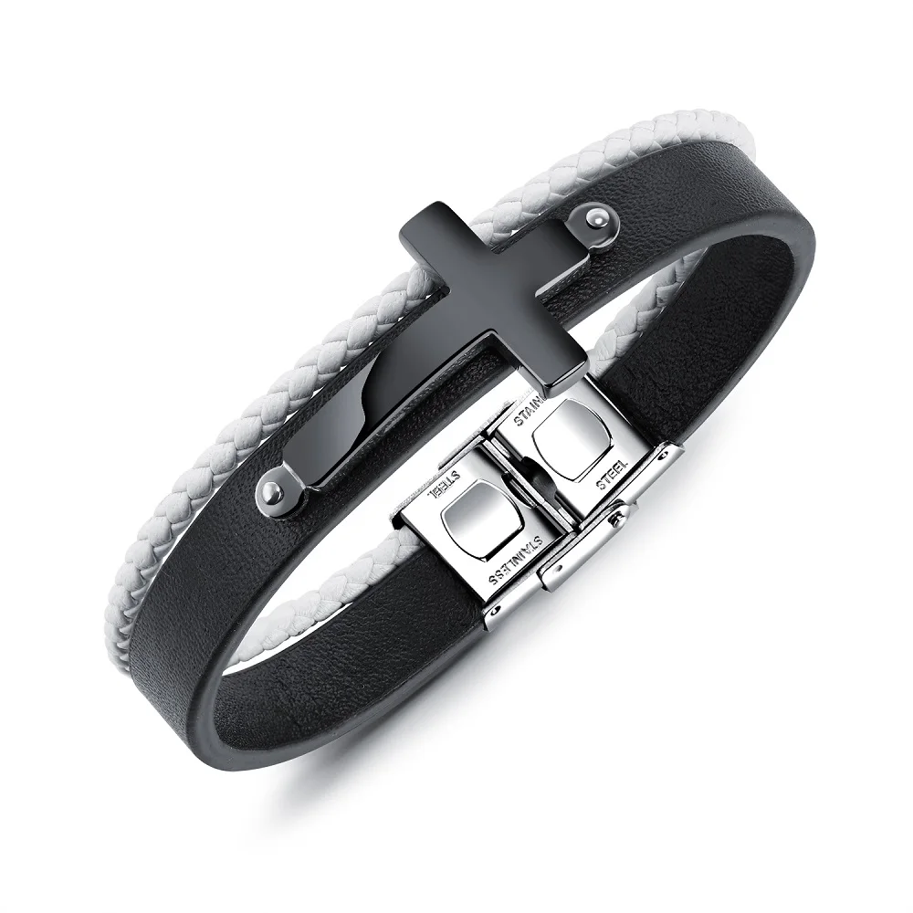 FATE LOVE New Male Men Statement Cross Charm Bracelets & Bangles Jewelry Black PU Leather Wristlet Fashion Jewelry