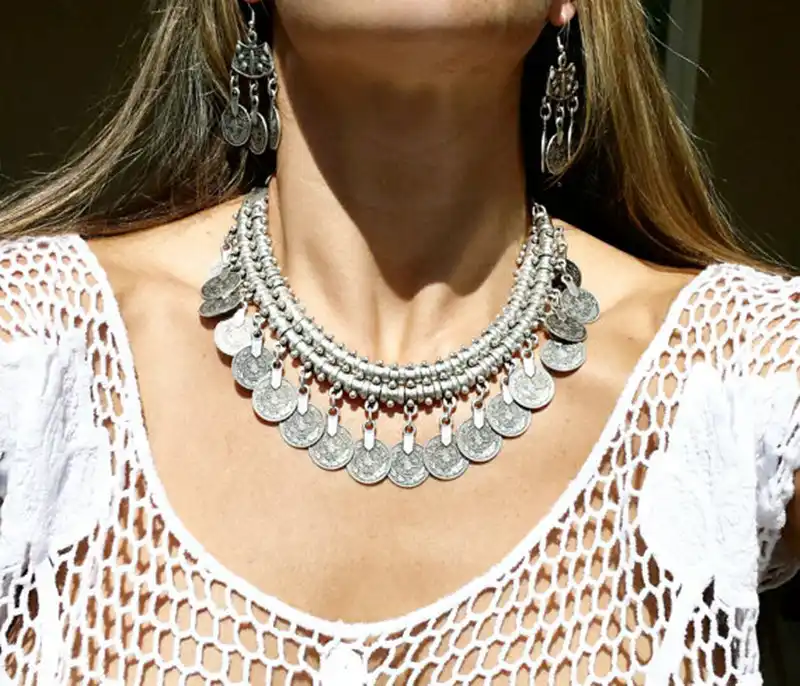 Ethnic Leather Turkish Gypsy Silver Coin Tassel Turkish Indian Tribal Necklace