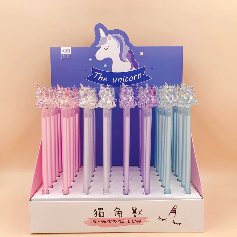 

48Pcs/lot Cartoon Crystal Unicorn Gel Pen Kawaii Stationery 0.5mm Black Ink Pen Kids Gift Promotion School Office Supplies