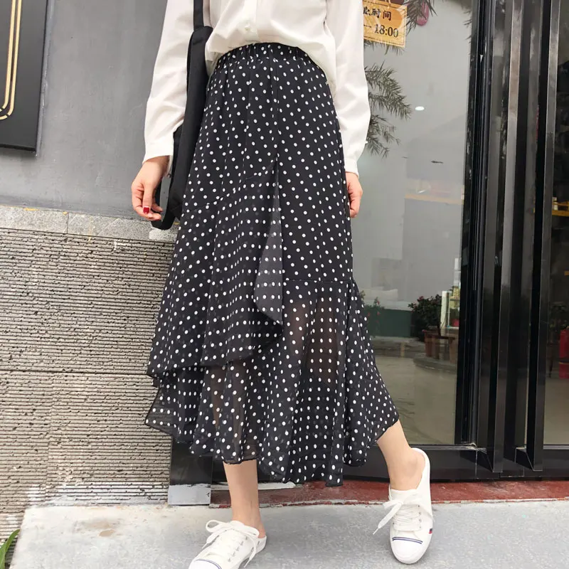 

YICIYA retro chiffon black white polka dot floral print skirt for women Irregular ruffle mid calf 2020 summer a line clothing