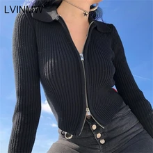 LVINMW, Модный черный кардиган на молнии, свитер, Осень-зима, короткий топ с длинным рукавом и отложным воротником, повседневные джемперы