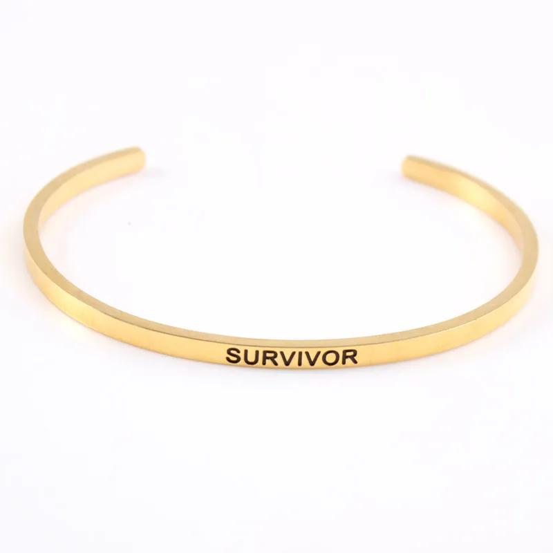 

SURVIVOR 316L Stainless Steel Open Cuff Bangles Bracelets Gold Color fashion Namaste Inspirational Mantra Bracelets