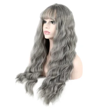 JOY&BEAUTY Ultra-thin bangs Long Curly Wig Synthetic Wigs gray Black Pink 26inch High Temperature Fiber women wig 5