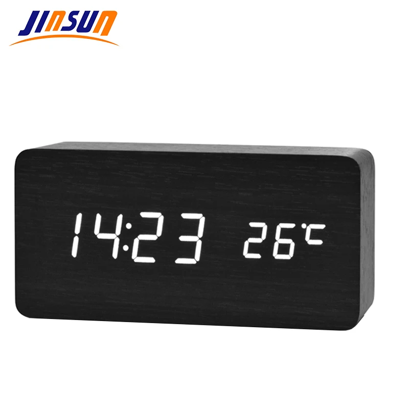 JINSUN LED Alarm Clock Time/Date/Temperature Digital Bamboo Wood Voice Table Clocks  LED Display Desktop Digital Table Clocks