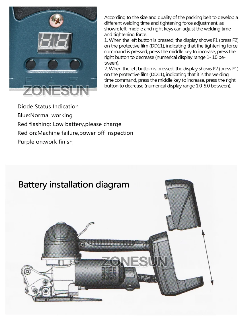 ZONESUN DD19 батарея питание обвязочная машина автоматического натяжения ручной инструмент Strapper Натяжной герметизатор комбинации для PP пэт