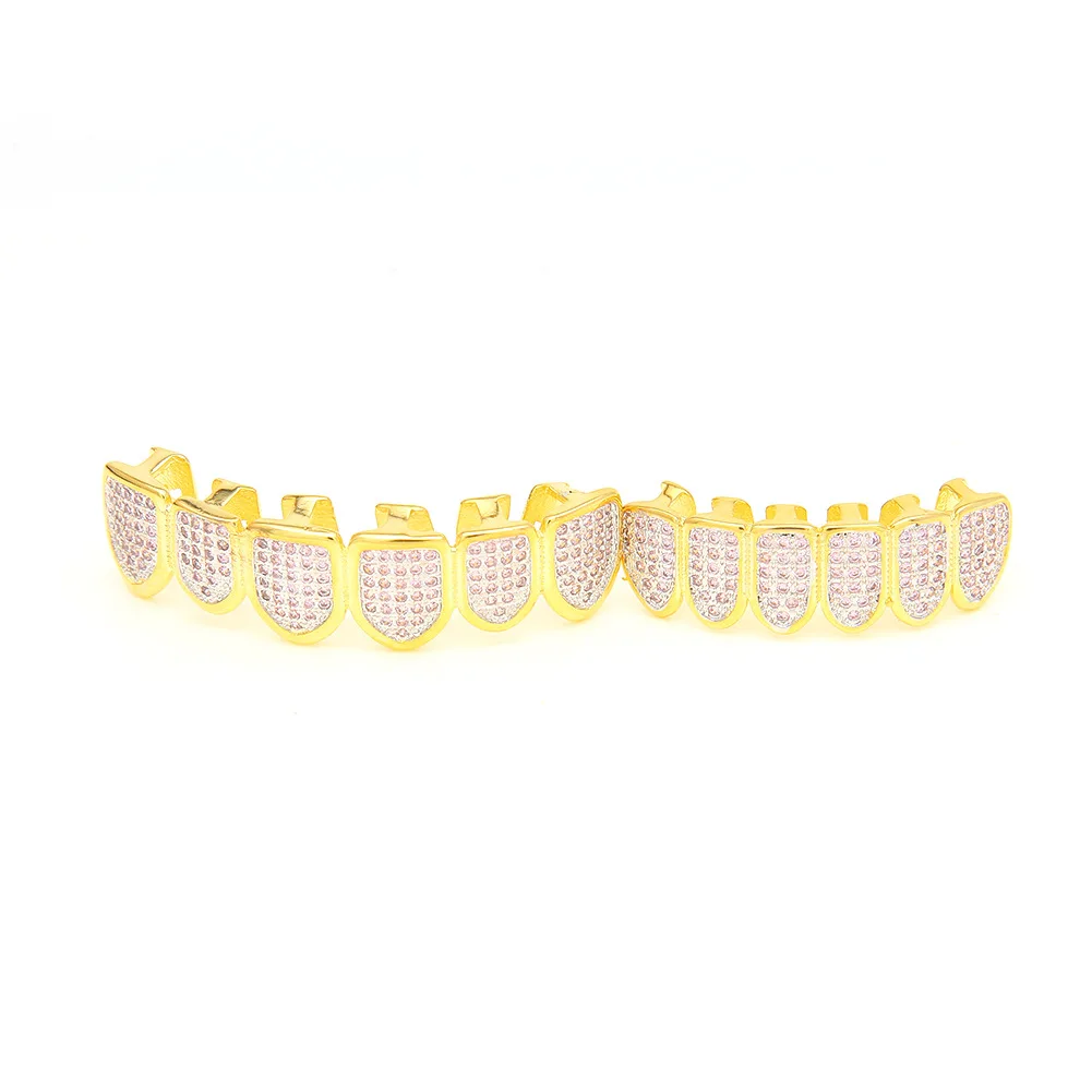 Модные хип-хоп грилли Iced Out AAA розовый циркон Клык Рот Зубы грилли шапки вампира гриля сверху и снизу гриля набор для мужчин и женщин - Окраска металла: Золотой цвет