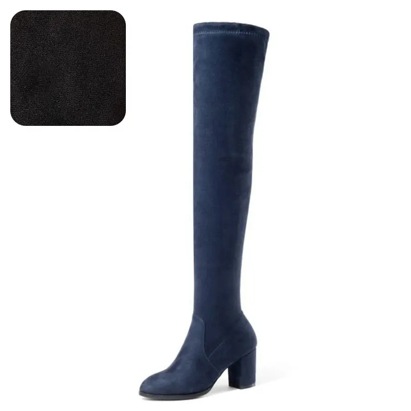 KemeKiss/9 цветов; женские сапоги на высоком каблуке; зимняя обувь; Сапоги выше колена с круглым носком; модная простая обувь; женская обувь; размеры 34-43 - Цвет: dark blue velvet