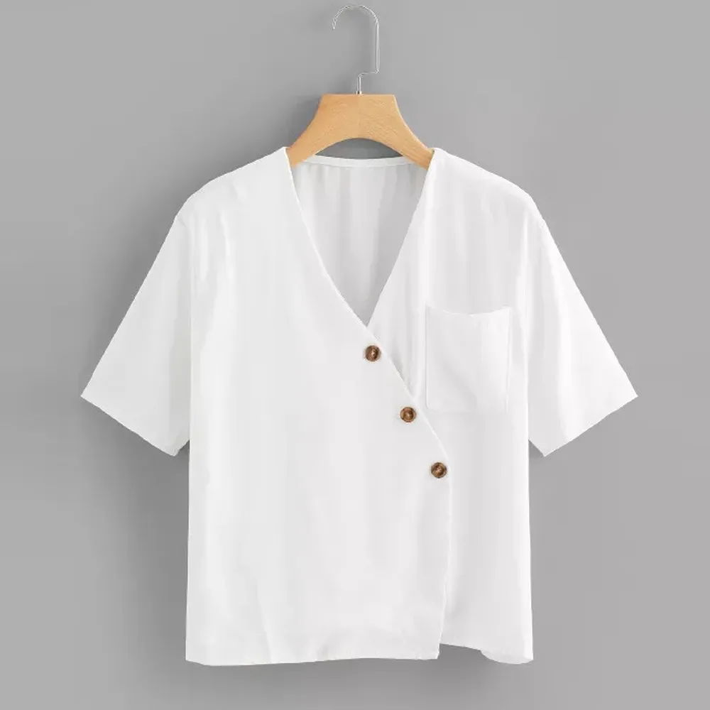 

2019 New Fashion Summer fresh Women's Casual Button V Neck Pocket Short Sleeves T Shirts Tops wholesales vogue poleras mujer #F7