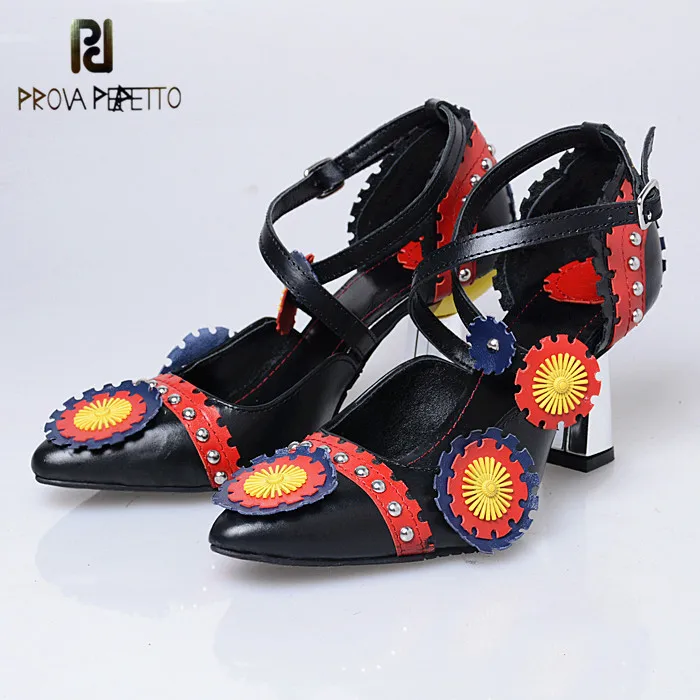 

Prova Perfetto 2018 Original Brand Luxury Retro Single Shoes Buckle Strap High Heel with Flower Mixed Colors Woman Wedding Shoes