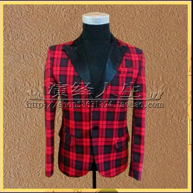 

2019 new men's new singer red plaid small suit blazers British wind men's stage costume DS DJ small suit