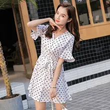 Women Dresses Summer Sexy Dot Print Short Sleeve V-neck Chiffon Vintage Ladies Mini Boho Evening Party Dress White 2019 Vestidos v neck overlay dot print design playsuit in white