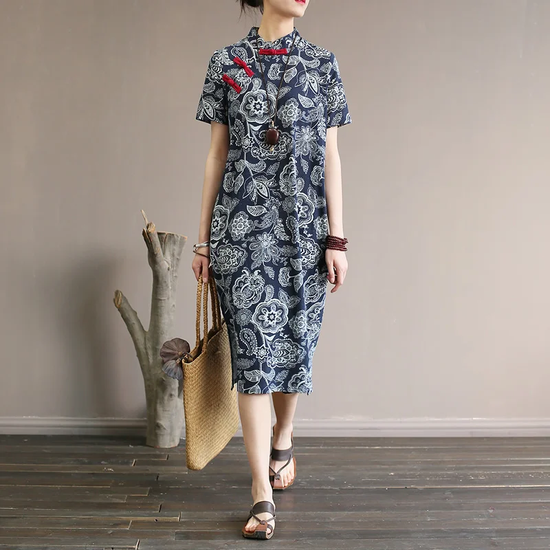 Женское платье до колена с принтом в китайском стиле, винтажное хлопковое и льняное повседневное летнее платье, женское Брендовое платье Ципао