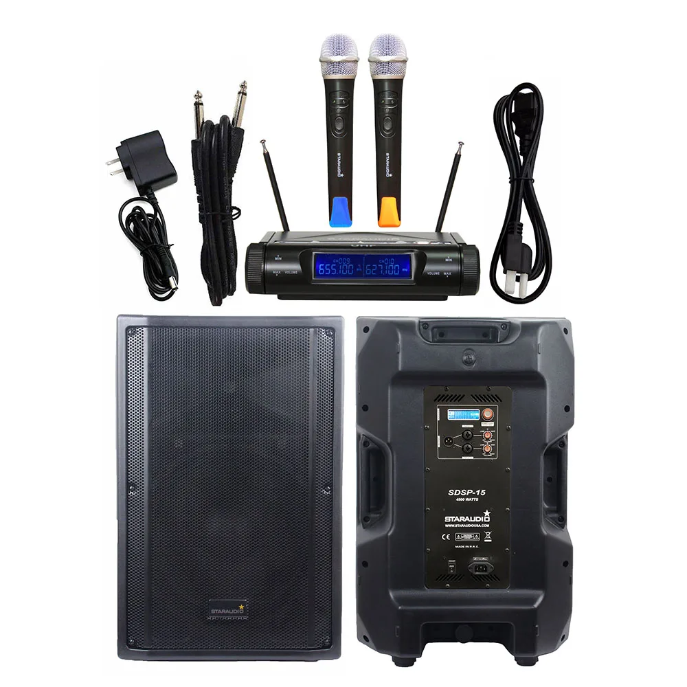 

STARAUDIO 4500W PA 15" 4 Ohm DSP DJ Audio Speaker Party Stage KTV Active Powered Speaker 2CH UHF Wireless Handheld Mic SDSP-15