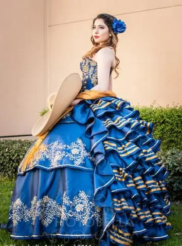 Blue Quinceanera Dresses Ball Gown Ruffles Fluffy Formal Prom Dress Charro Sweet 15 Traditional Mexican Dress abendkleider