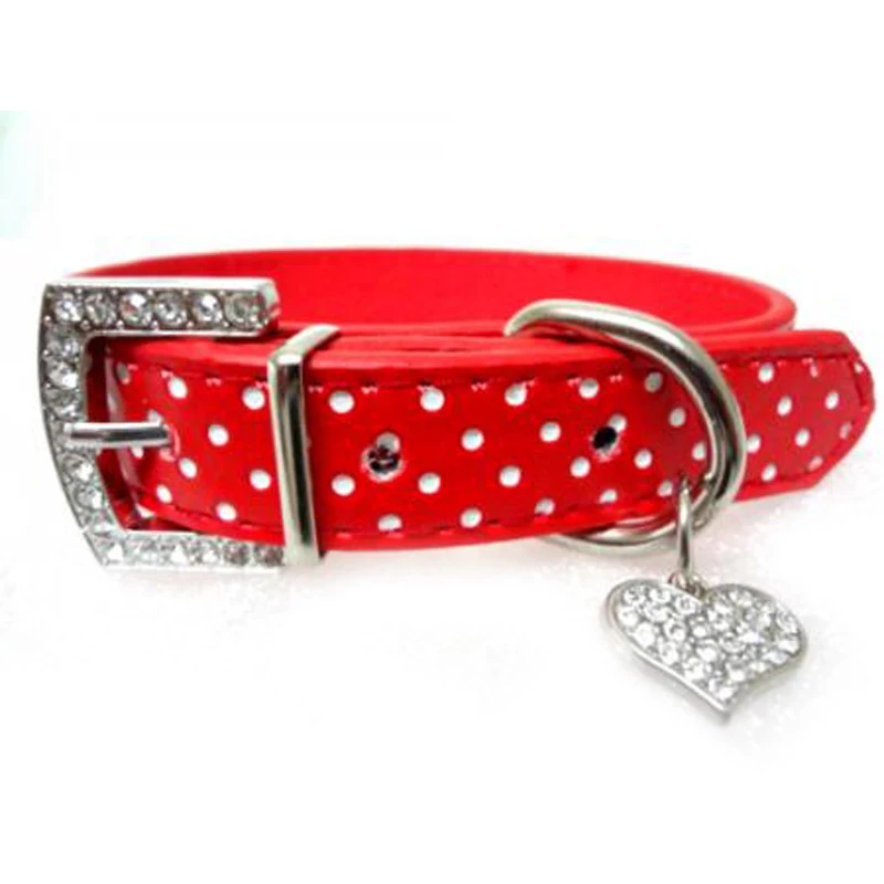 

Rhinestone Bling Dog Collars Polka Dots Leather Pet Collars Neck Buckle Strap Crystal Collar for Pets Dog
