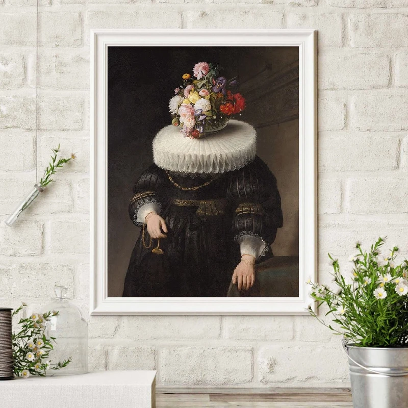 Collage Art Antique Oil Painting Flower Mask Dutch Portrait Prints Surreal Painting Eclectic Art Canvas Painting Artwork Decor