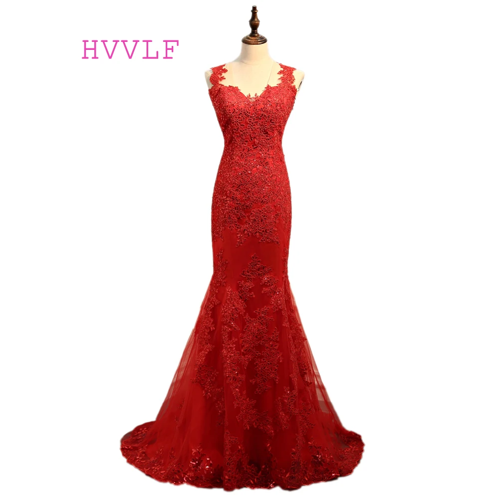 

Burgundy Robe De Soiree 2019 Mermaid V-neck Tulle Appliques Lace See Through Sexy Long Prom Dresses Prom Gown Evening Dress