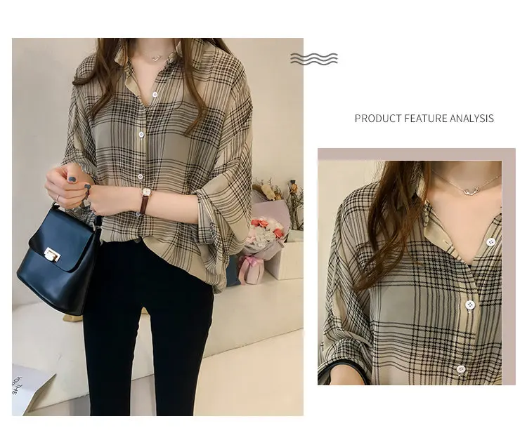 2019 Autumn Chic Plaid Shirts Women Batwing Sleeve Chiffon Blouses Casual Chemise Femme Tops Plus Size Tartan Blusas Mujer (1)