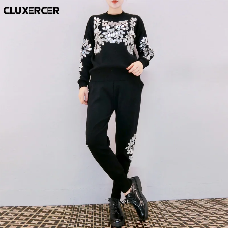 

Autumn Winter 2 Piece Set Women embroidery Sequins Sweatshirt+Pants Suit Tracksuits Long Sleeve knitting Sportswear Outfit