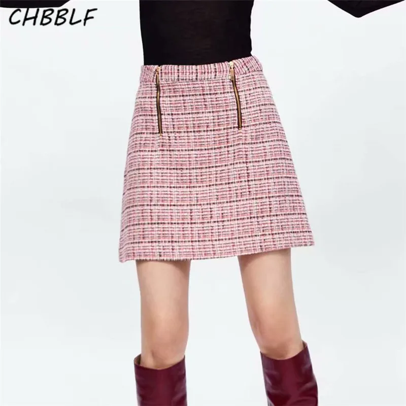 

CHBBLF women stylish plaid tweed mini skirt faldas mujer zipper design European style female casual streetwear skirts BGB8416