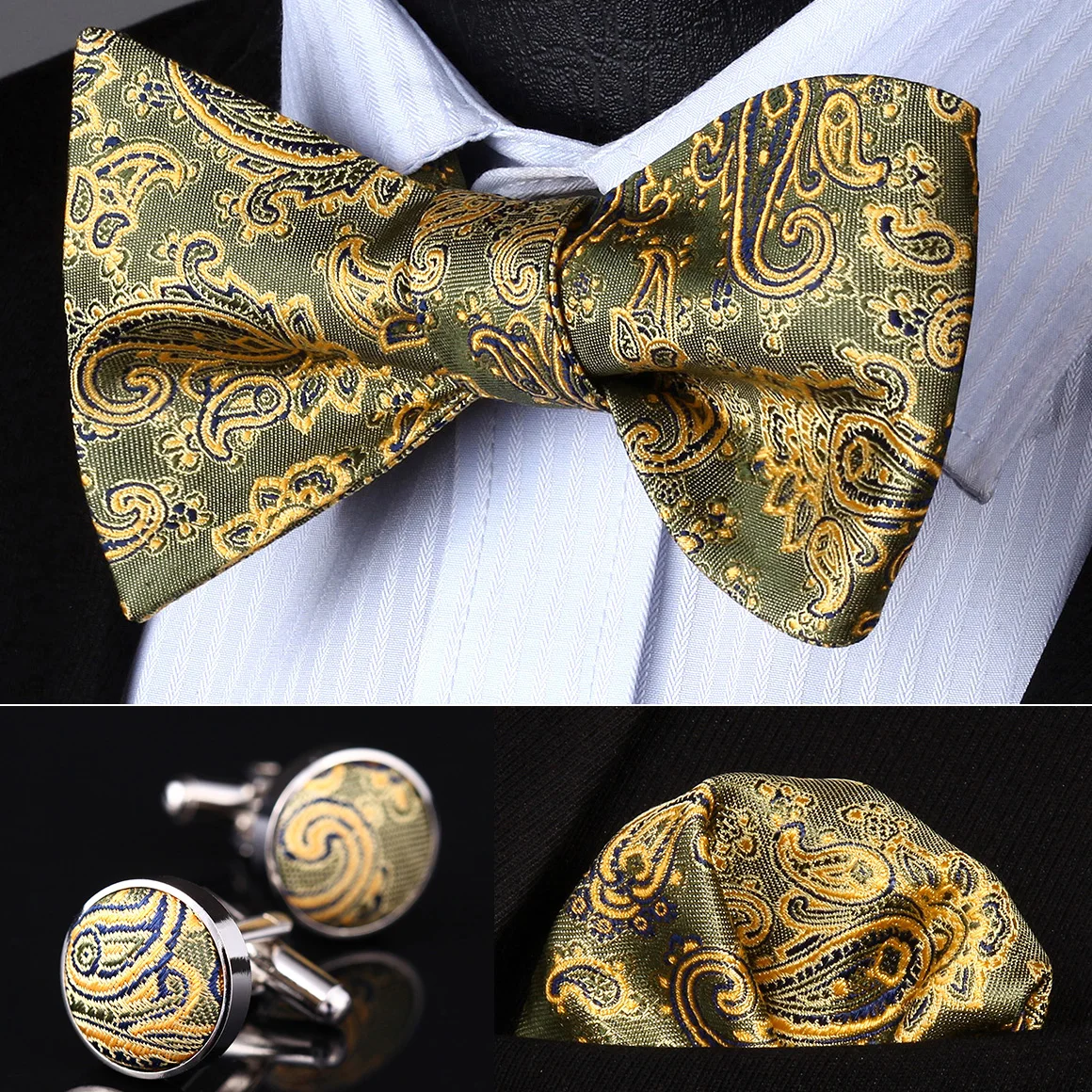 BZP14T Olive Gold Paisley Men Silk Self Bow Tie handkerchief Cufflinks