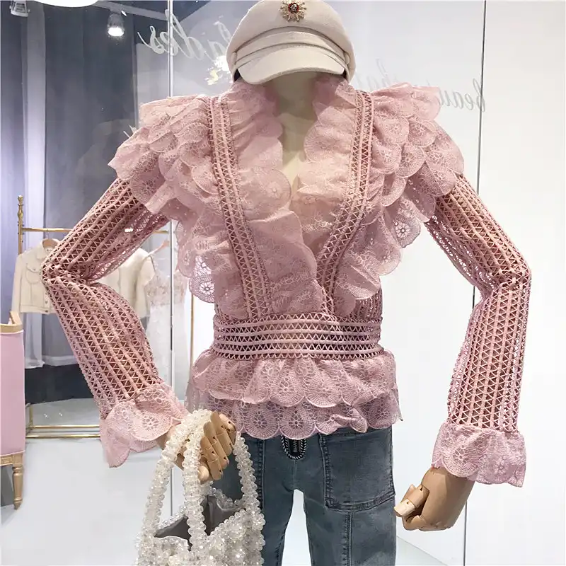 بلوزات نسائية أنيقة من Amolapha دانتيل مخرم مفرغ من الكشكشة بلوزات وقمصان ذات كشكش من الدانتيل Blouses Shirts Aliexpress