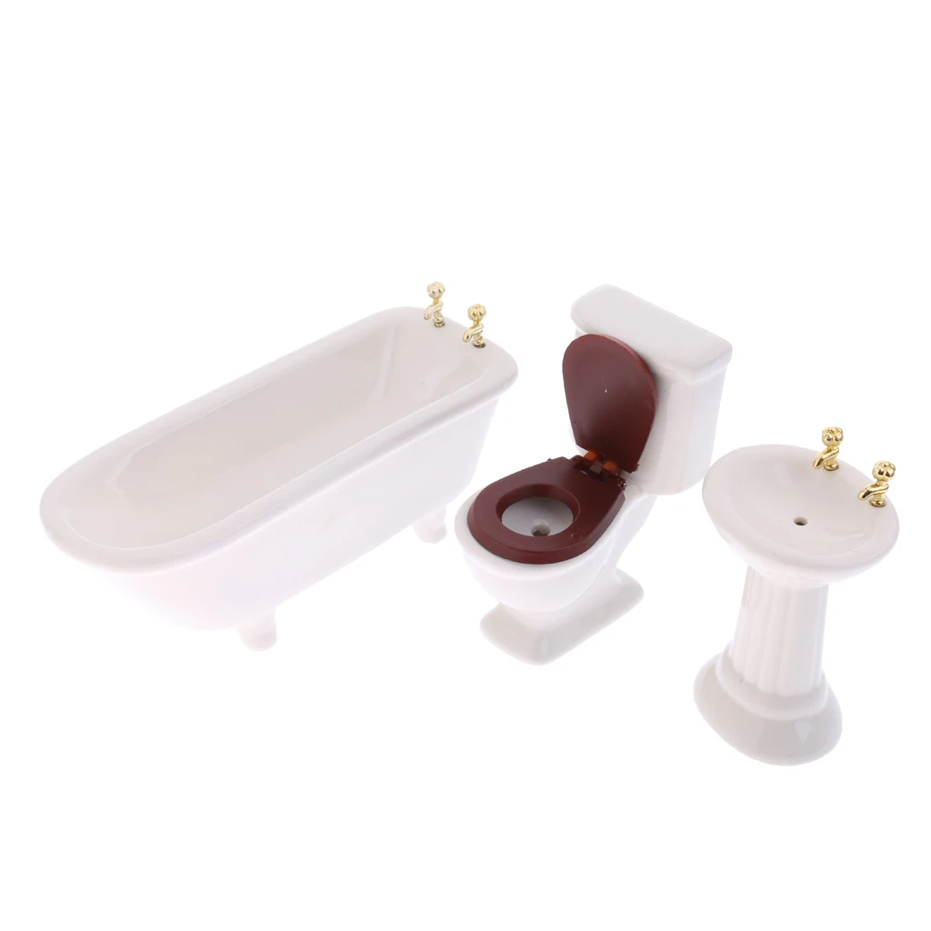 3pcs 1/12 White Ceramic Porcelain Bathroom Bathtub +Toilet +Basin Set Dollhouse Miniature Furniture Accs Pretend Play Toy Gift