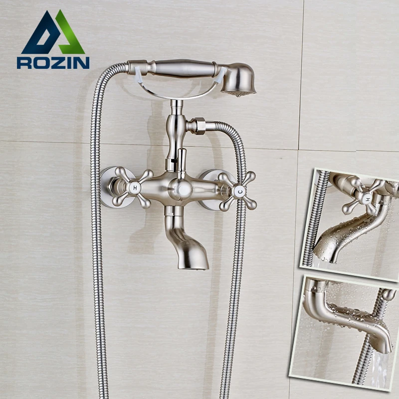 Wall Mount Bathtub Bathroom Faucet Brushed Nickel Telephone Style Mixer Faucet Tap with Dual Handle Handshower Wall Mount Bathtub Bathroom Faucet Brushed Nickel Telephone Style Mixer Faucet Tap with Dual Handle Handshower