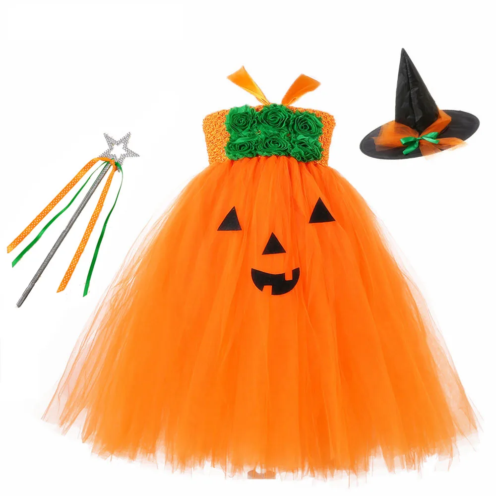 

Orange Pumpkin Pattern Halloween Witch Outfit Tutu Dress Halloween Costumes for Teens Vampirina Birthday Mid Calf Flower Dress