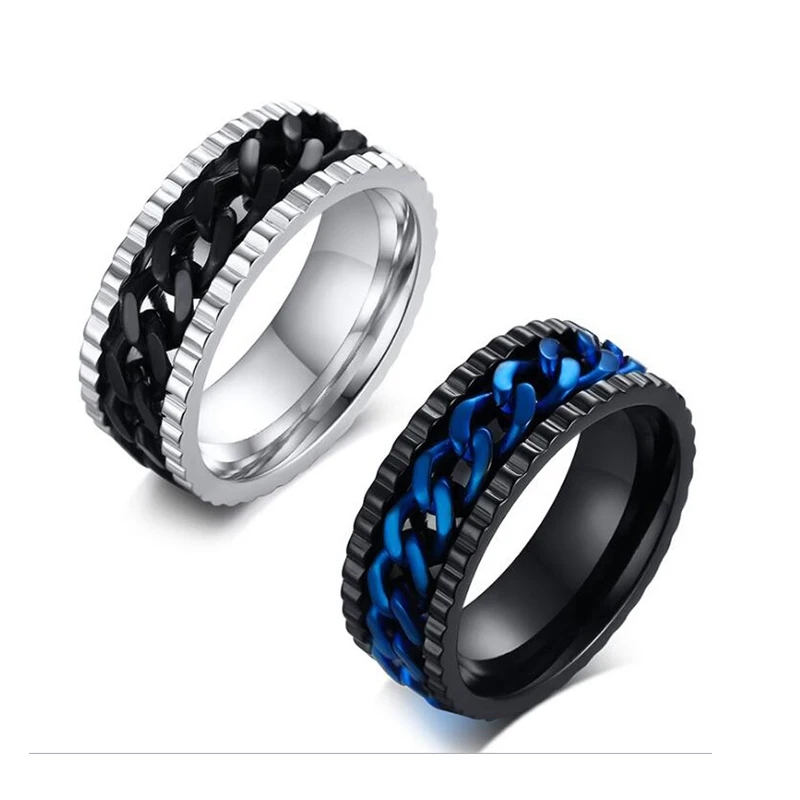 

BC Fashion Men's Ring The Punk Rock Stainless Steel Black Blue Chain Spinner Rings For Men Two Color gift