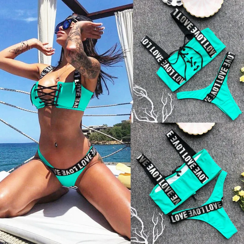 

2019 Summer Sexy Bandage Bikini Set Swimwear Letter Print Women Swimsuit Push-up Padded Bra Thong Bottom Plus Size Bikini Suit