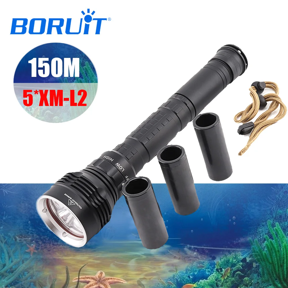 

BORUIT 50W 12000Lm Powerful 5xXM-L2 LED rechargeable Diving Flashlight 100M Diver Flash Light Stepless Dimming Waterproof Torch