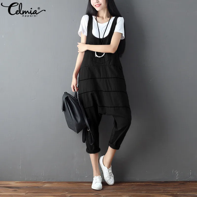 

2019 Celmia Women Retro Cotton Romper Sleeveless Strap Dungarees Pockets Plus Size Overalls Casual Loose Jumpsuits Harem Pants