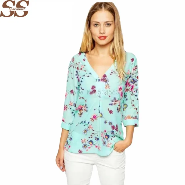 top design chiffon blouses 34 sleeve v neck blouse elegant floral printed blouse