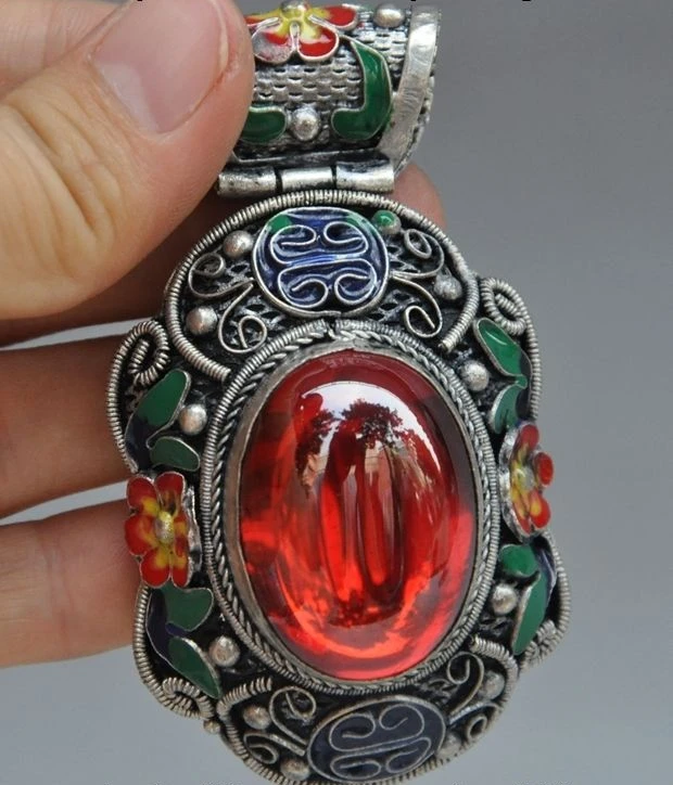 

Collect chinese tibet silver Cloisonne Enamel Inlay red Gem flower pendant