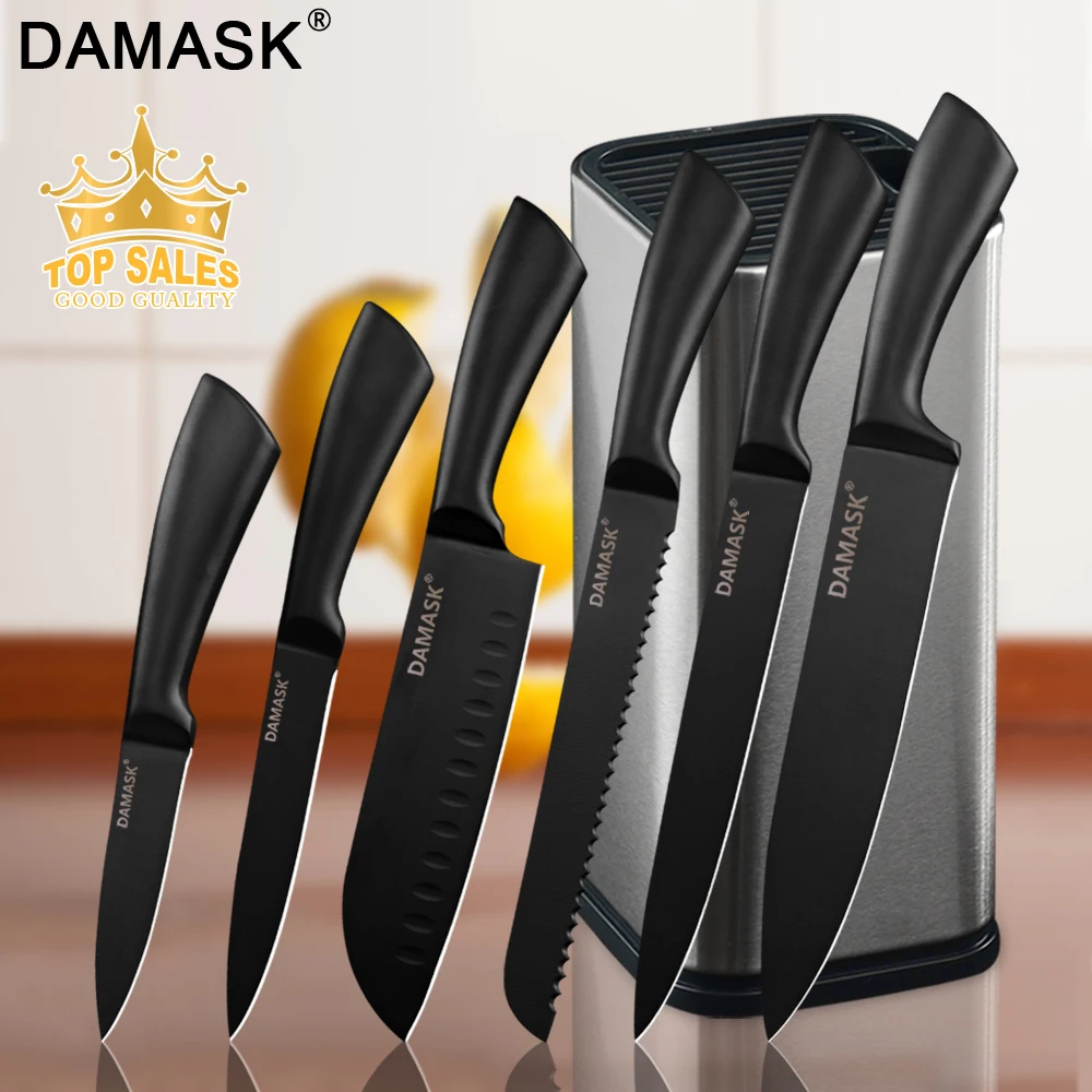 

Damask Chef Kitchen Knife Set Stainless Steel Knives 6PCS Set & Knife Stand Holder Multi-functional Kitchen Cooking Accessories