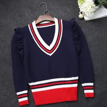 Boutique G with V collar ruffles shoulder pullover sweater agaric slim waist stitching stripe wool pullovers