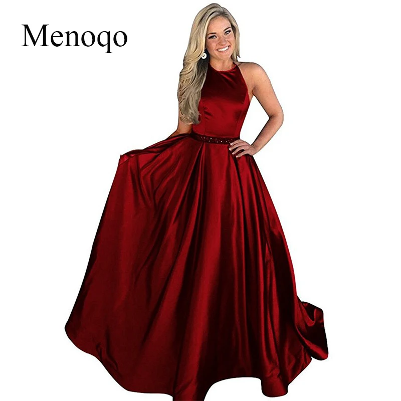 

Menoqo Royal Blue Evening Dresses Long Satin Beaded Halter Prom Party Gown Vestidos De Festa Robe De Soiree Abendkleider