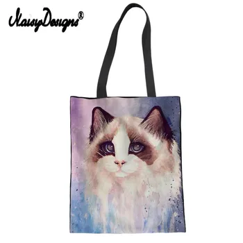 

Cat Painting Lady Reusable Cotton grocery Shopping Bag Women Men Handbags Canvas Tote bags Webshop Eco Foldable Draw String Bags