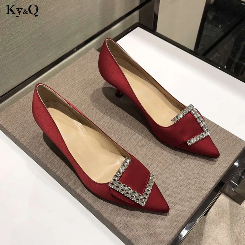 

Spring New 2019 Ladies Europe And The United States Fashion Square Buckle Pointed Rhinestone With Fine Banquet High Heels 5-8cm