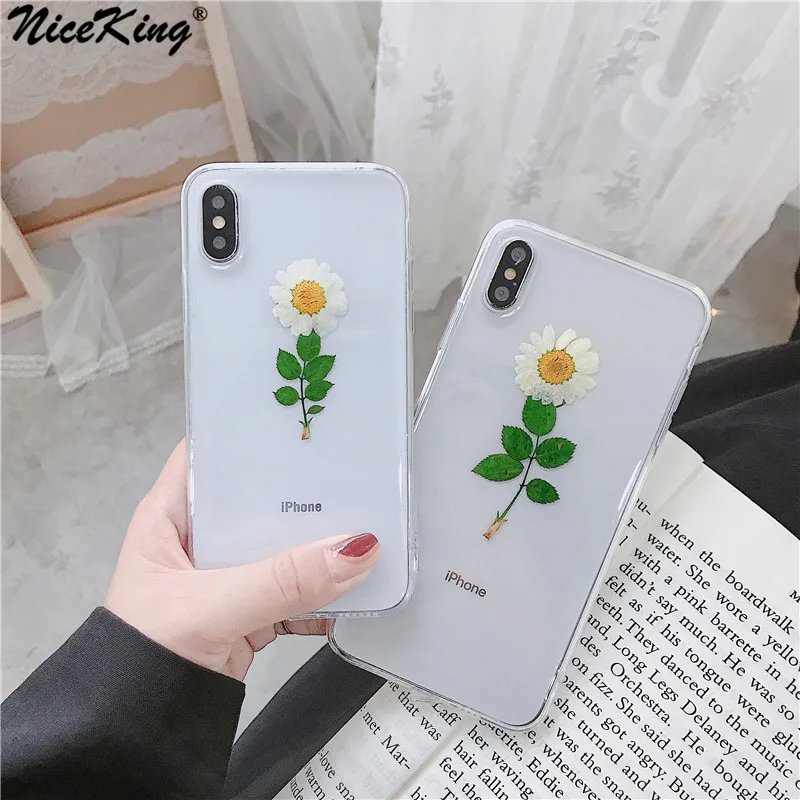 

Niceking Real Dried Daisy Flower Phone Case For iPhone Xs Max Case For iPhone X XR 8 7 6 6S Plus Cover Floral TPU Clear Case