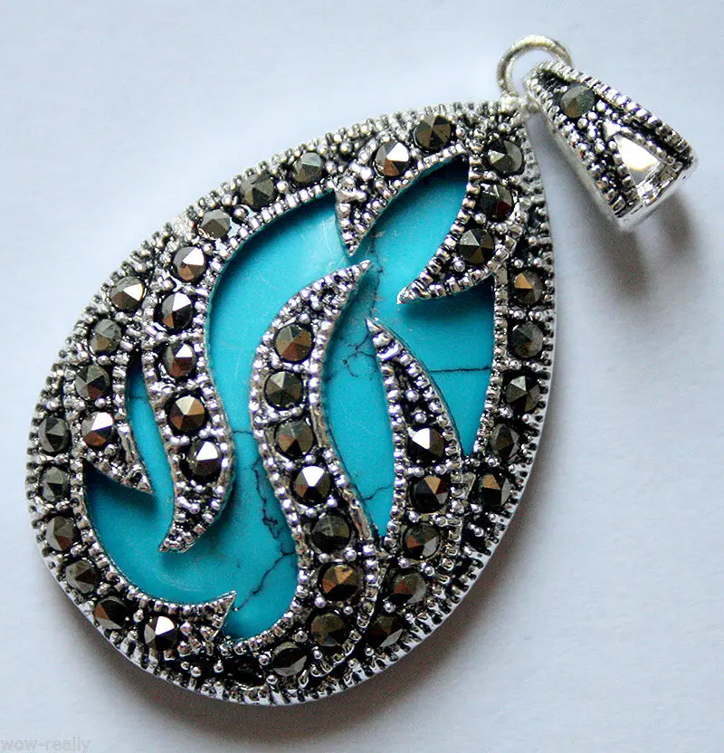 

3color New 30x20mm Blue gem Inlay Marcasite 925 Sterling Silver Necklace Pendant