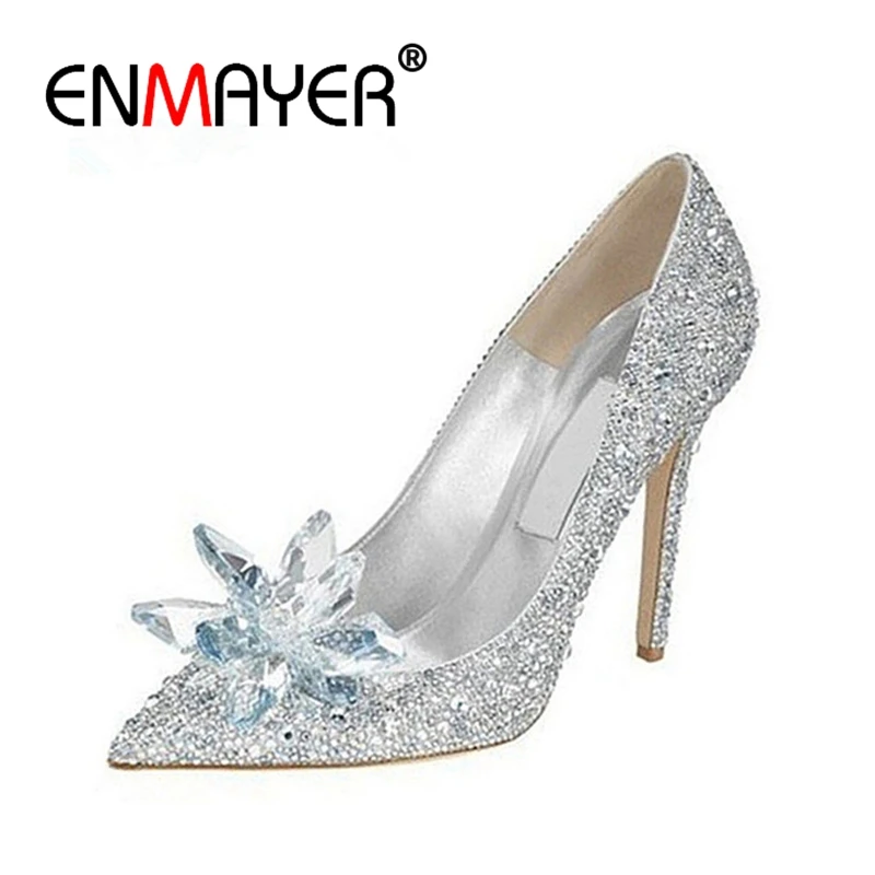 

ENMAYER Adults Movie Lace High Heels Women Wedding Shoes Thin Heels Rhinestone Platform Butterfly Cinderella Crystal Shoes CR599