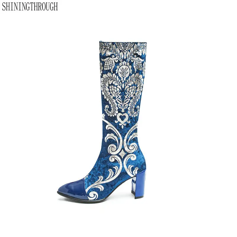 

New women embroider knee high boots high heels ladies wedding shoes poined toe flower autumn winter boots woman large szie 43