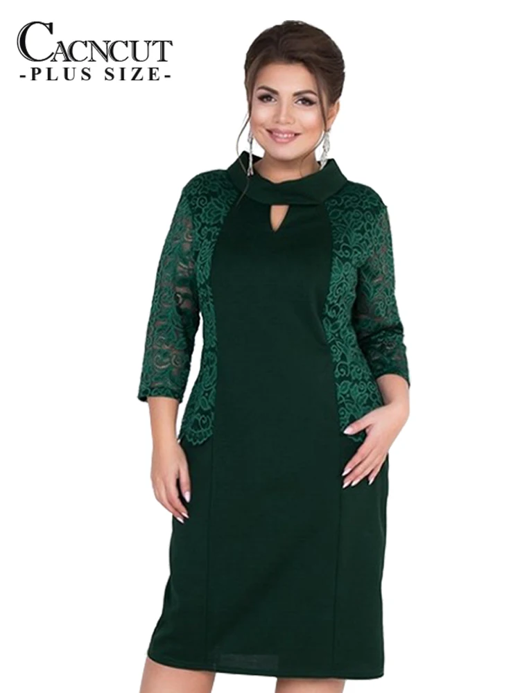 CACNCUT Plus Size Autumn Women Lace Dress Winter Big Large size Casual Office Work Dress Elegant Ladies Party Dress 5XL 6XL