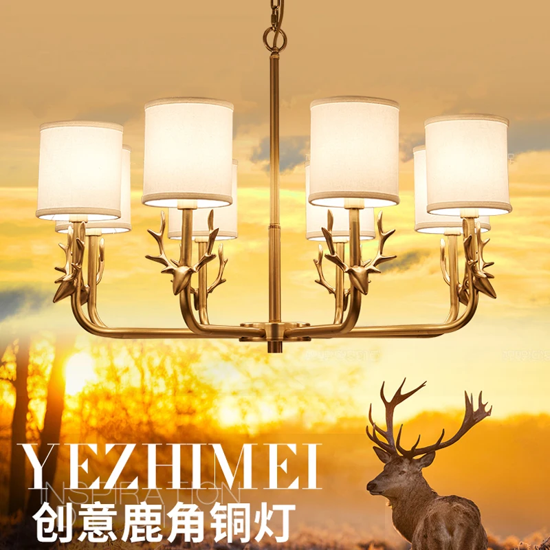 Baratos Nórdico América cobre ciervo cabeza colgante luz villa sala de estar restaurante lámpara colgante