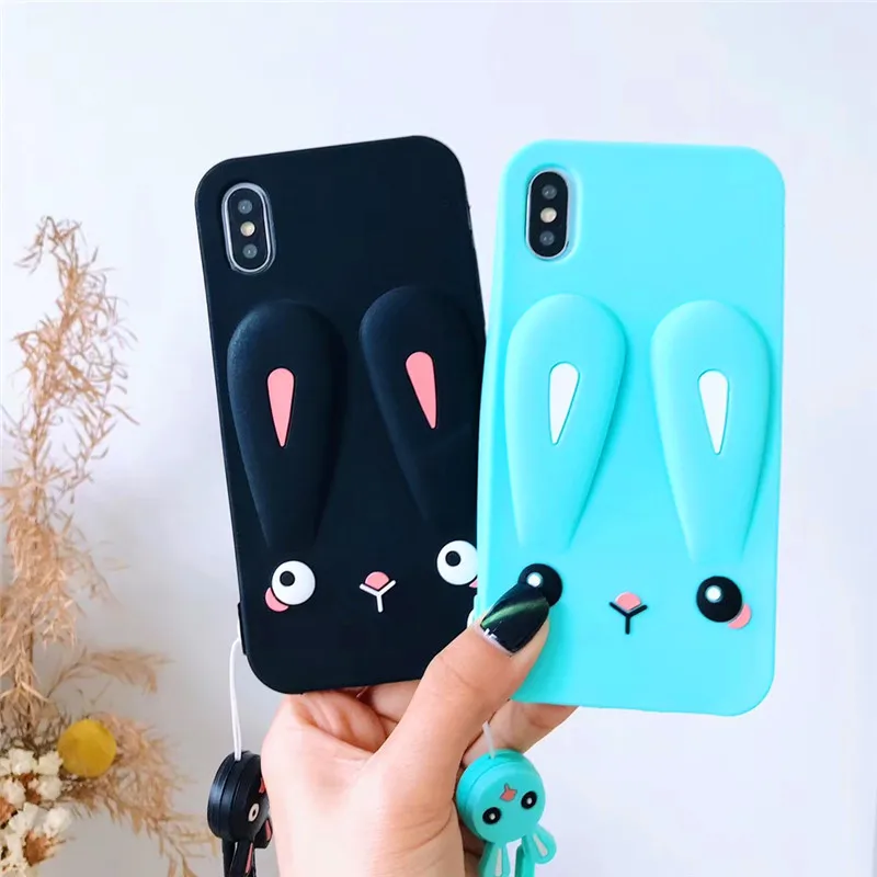 Phone Cases For iPhone 6 6S 7 8 Plus Case Silicone Cute 3D Cartoon Rabbit Hang Rope Soft Back Cover X XR XS MAX Capa |